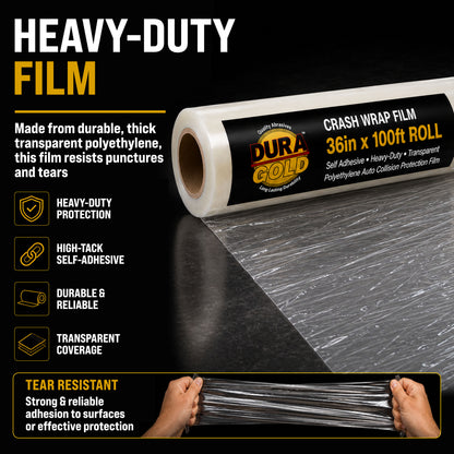 Crash Wrap Film, 36-inch x 100-foot Roll, Clear Plastic Protector, Self-Adhesive Plastic for Auto Collision, Weather, Dust Protection, Broken Windows Windshields