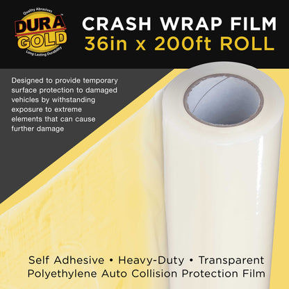 Crash Wrap Film, 36-inch x 200-foot Roll, Clear Plastic Protector, Self-Adhesive Plastic for Auto Collision, Weather, Dust Protection, Broken Windows Windshields