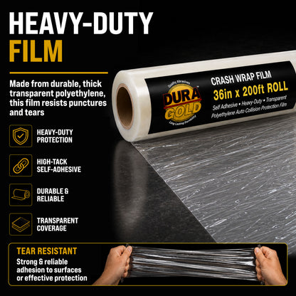 Crash Wrap Film, 36-inch x 200-foot Roll, Clear Plastic Protector, Self-Adhesive Plastic for Auto Collision, Weather, Dust Protection, Broken Windows Windshields