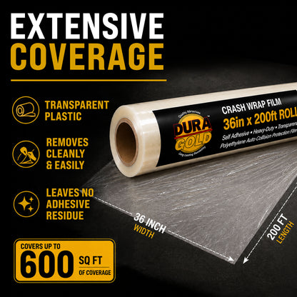 Crash Wrap Film, 36-inch x 200-foot Roll, Clear Plastic Protector, Self-Adhesive Plastic for Auto Collision, Weather, Dust Protection, Broken Windows Windshields