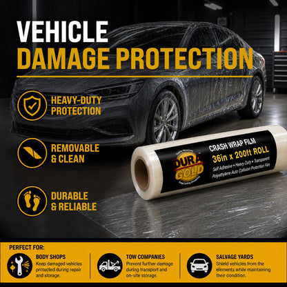 Crash Wrap Film, 36-inch x 200-foot Roll, Clear Plastic Protector, Self-Adhesive Plastic for Auto Collision, Weather, Dust Protection, Broken Windows Windshields