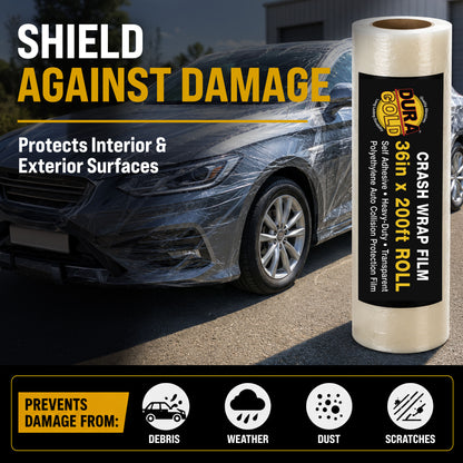 Crash Wrap Film, 36-inch x 200-foot Roll, Clear Plastic Protector, Self-Adhesive Plastic for Auto Collision, Weather, Dust Protection, Broken Windows Windshields
