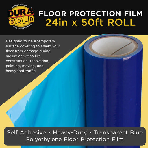 Floor Protection Film, 24-inch x 50' Roll - Blue Self Adhesive Temporary Floor Covering, Protect Flooring from Foot Traffic, Paint Spills, Dust, Construction Debris, Moving - Hardwood, Tile