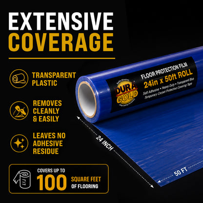 Floor Protection Film, 24-inch x 50-foot Roll, Clear Plastic Floor Protector, Self-Adhesive Plastic Floor Protection from Foot Traffic, Paint Spills, Dust, Construction, Moving