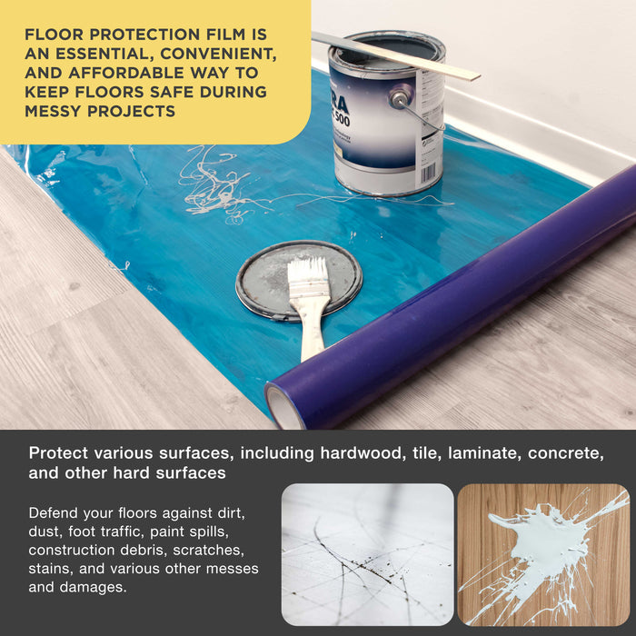 Floor Protection Film, 24-inch x 50' Roll - Blue Self Adhesive Temporary Floor Covering, Protect Flooring from Foot Traffic, Paint Spills, Dust, Construction Debris, Moving - Hardwood, Tile