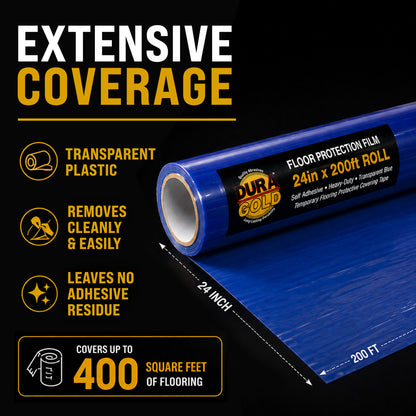 Floor Protection Film, 24-inch x 200-foot Roll, Clear Plastic Floor Protector, Self-Adhesive Plastic Floor Protection from Foot Traffic, Paint Spills, Dust, Construction, Moving