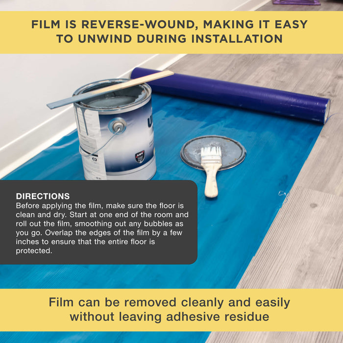 Floor Protection Film, 36-inch x 100' Roll - Blue Self Adhesive Temporary Floor Covering, Protect Flooring from Foot Traffic, Paint Spills, Dust, Construction Debris, Moving - Hardwood, Tile