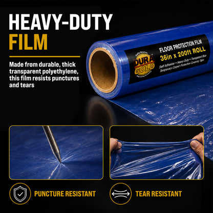 Floor Protection Film, 36-inch x 200-foot Roll, Clear Plastic Floor Protector, Self-Adhesive Plastic Floor Protection from Foot Traffic, Paint Spills, Dust, Construction, Moving