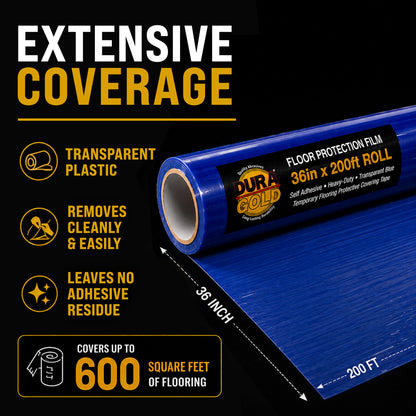 Floor Protection Film, 36-inch x 200-foot Roll, Clear Plastic Floor Protector, Self-Adhesive Plastic Floor Protection from Foot Traffic, Paint Spills, Dust, Construction, Moving