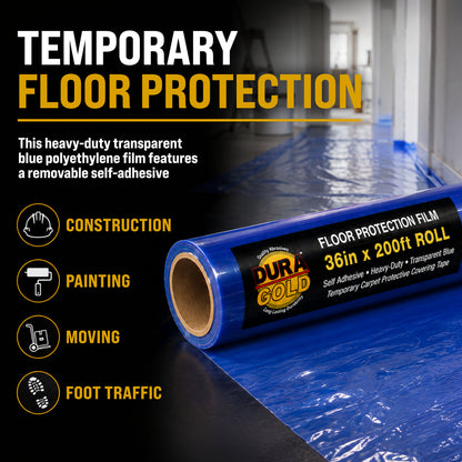 Floor Protection Film, 36-inch x 200-foot Roll, Clear Plastic Floor Protector, Self-Adhesive Plastic Floor Protection from Foot Traffic, Paint Spills, Dust, Construction, Moving