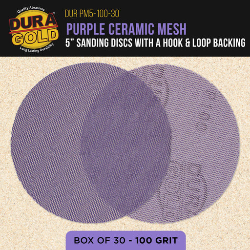 Premium 100 Grit 5" Purple Ceramic Mesh Sanding Discs, Box of 30 - Dustless Hook & Loop Backing Sandpaper for DA & Random Orbital Sanders - Long-Lasting Fast Cut