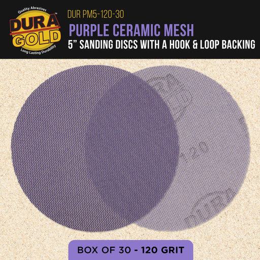 Premium 120 Grit 5" Purple Ceramic Mesh Sanding Discs, Box of 30 - Dustless Hook & Loop Backing Sandpaper for DA & Random Orbital Sanders - Long-Lasting Fast Cut