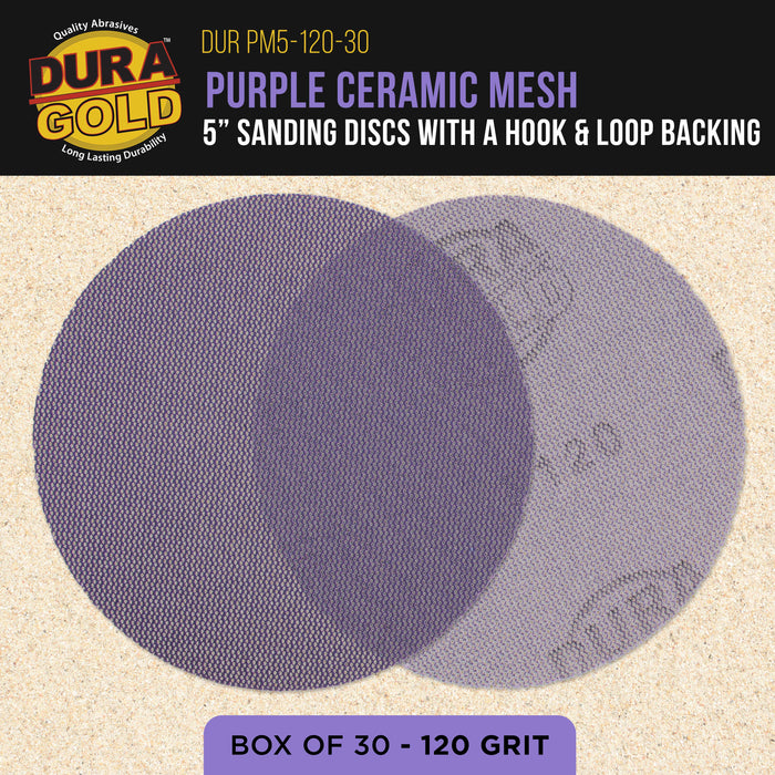 Premium 120 Grit 5" Purple Ceramic Mesh Sanding Discs, Box of 30 - Dustless Hook & Loop Backing Sandpaper for DA & Random Orbital Sanders - Long-Lasting Fast Cut