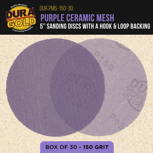 Premium 150 Grit 5" Purple Ceramic Mesh Sanding Discs, Box of 30 - Dustless Hook & Loop Backing Sandpaper for DA & Random Orbital Sanders - Long-Lasting Fast Cut