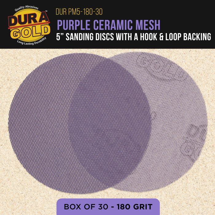 Premium 180 Grit 5" Purple Ceramic Mesh Sanding Discs, Box of 30 - Dustless Hook & Loop Backing Sandpaper for DA & Random Orbital Sanders - Long-Lasting Fast Cut