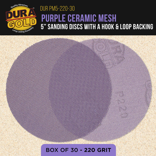 Premium 220 Grit 5" Purple Ceramic Mesh Sanding Discs, Box of 30 - Dustless Hook & Loop Backing Sandpaper for DA & Random Orbital Sanders - Long-Lasting Fast Cut