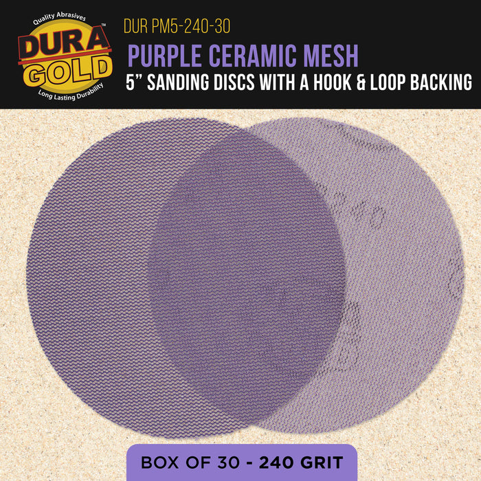 Premium 240 Grit 5" Purple Ceramic Mesh Sanding Discs, Box of 30 - Dustless Hook & Loop Backing Sandpaper for DA & Random Orbital Sanders - Long-Lasting Fast Cut