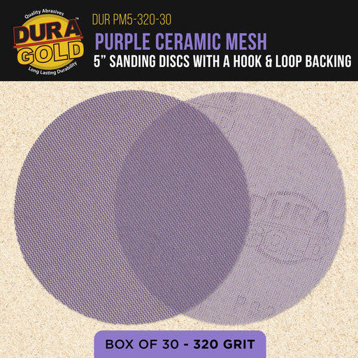 Premium 320 Grit 5" Purple Ceramic Mesh Sanding Discs, Box of 30 - Dustless Hook & Loop Backing Sandpaper for DA & Random Orbital Sanders - Long-Lasting Fast Cut