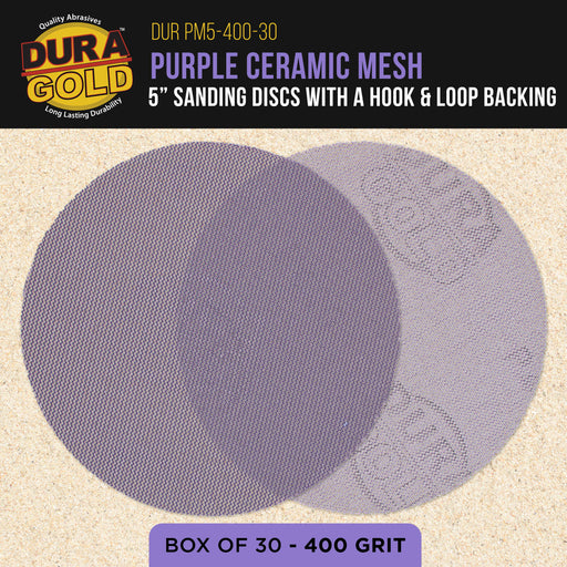 Premium 400 Grit 5" Purple Ceramic Mesh Sanding Discs, Box of 30 - Dustless Hook & Loop Backing Sandpaper for DA & Random Orbital Sanders - Long-Lasting Fast Cut