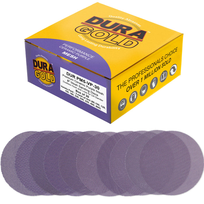 Premium 5" Purple Ceramic Mesh Sanding Discs, 30 Disc Variety Pack, Grits 80, 100, 120, 150, 180, 220, 240, 320, 400, 600 - Dustless Hook & Loop Backing Sandpaper, DA & Random Orbital Sander