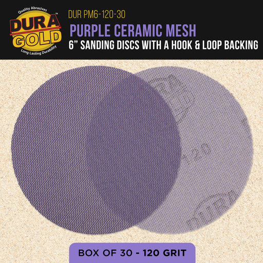 Premium 120 Grit 6" Purple Ceramic Mesh Sanding Discs, Box of 30 - Dustless Hook & Loop Backing Sandpaper for DA & Random Orbital Sanders - Long-Lasting Fast Cut