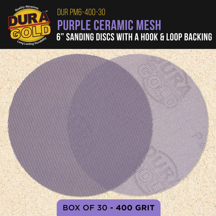 Premium 400 Grit 6" Purple Ceramic Mesh Sanding Discs, Box of 30 - Dustless Hook & Loop Backing Sandpaper for DA & Random Orbital Sanders - Long-Lasting Fast Cut