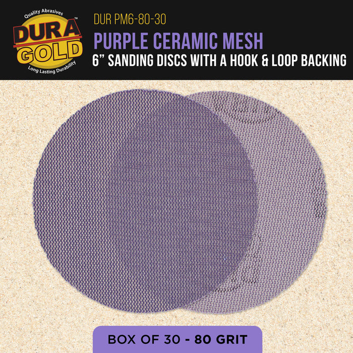 Premium 80 Grit 6" Purple Ceramic Mesh Sanding Discs, Box of 30 - Dustless Hook & Loop Backing Sandpaper for DA & Random Orbital Sanders - Long-Lasting Fast Cut