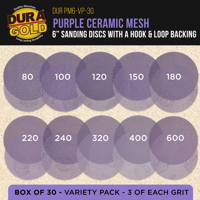 Premium 6" Purple Ceramic Mesh Sanding Discs, 30 Disc Variety Pack, Grits 80, 100, 120, 150, 180, 220, 240, 320, 400, 600 - Dustless Hook & Loop Backing Sandpaper, DA & Random Orbital Sander