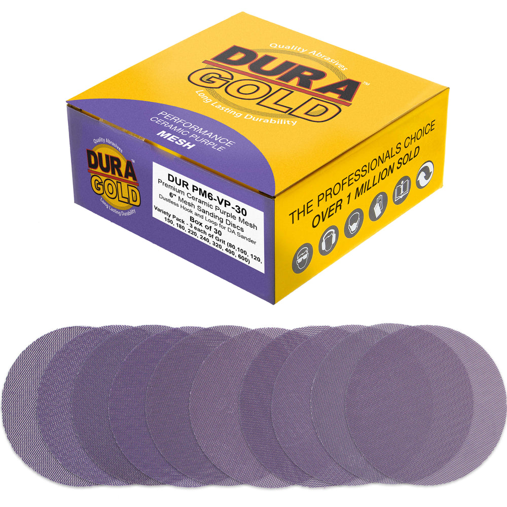 Premium 6" Purple Ceramic Mesh Sanding Discs, 30 Disc Variety Pack, Grits 80, 100, 120, 150, 180, 220, 240, 320, 400, 600 - Dustless Hook & Loop Backing Sandpaper, DA & Random Orbital Sander