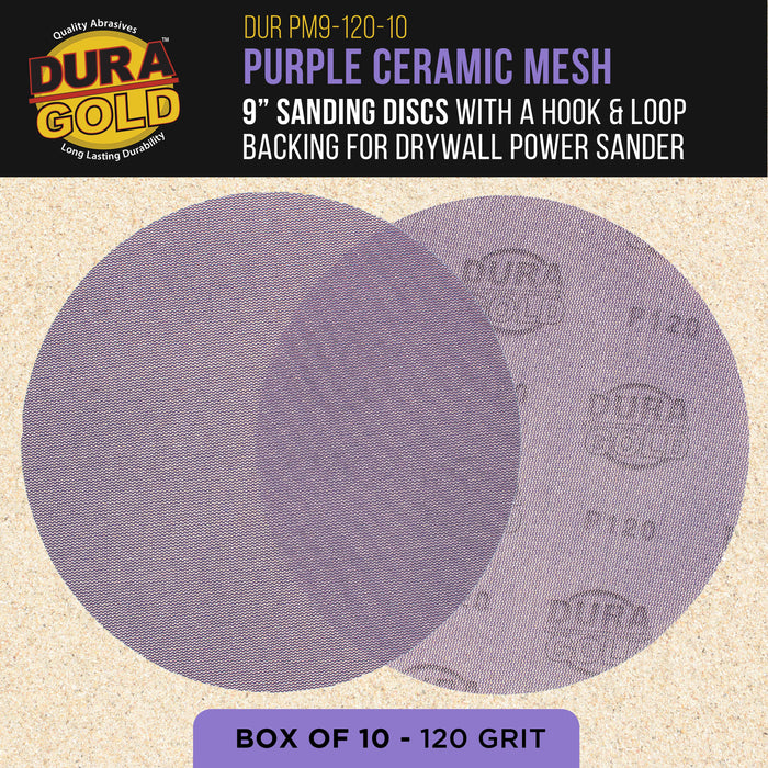 Premium 120 Grit 9" Purple Ceramic Mesh Sanding Discs, Box of 10 - Dustless Hook & Loop Backing Sandpaper for Drywall Power Sander - Long-Lasting Fast Cut Abrasive, Anti-Clog Sanding Screen