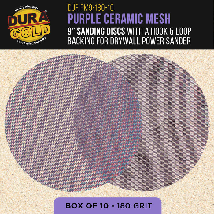 Premium 180 Grit 9" Purple Ceramic Mesh Sanding Discs, Box of 10 - Dustless Hook & Loop Backing Sandpaper for Drywall Power Sander - Long-Lasting Fast Cut Abrasive, Anti-Clog Sanding Screen