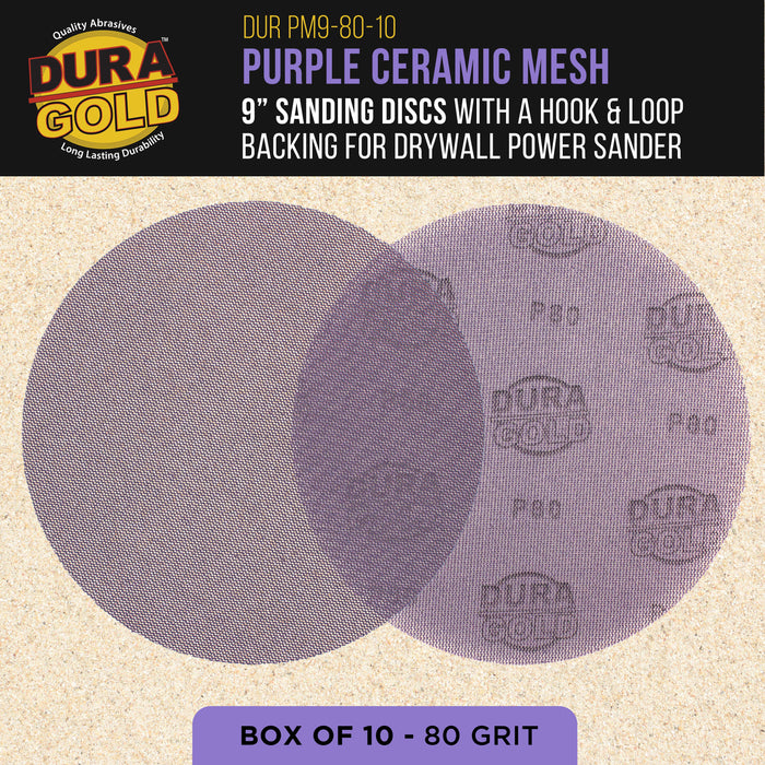 Premium 80 Grit 9" Purple Ceramic Mesh Sanding Discs, Box of 10 - Dustless Hook & Loop Backing Sandpaper for Drywall Power Sander - Long-Lasting Fast Cut Abrasive, Anti-Clog Sanding Screen