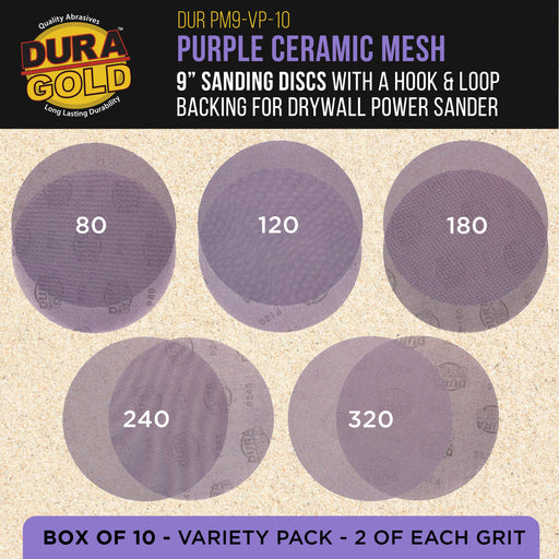 Premium 9" Purple Ceramic Mesh Sanding Discs, 10 Disc Variety Pack, Grits 80, 120, 180, 240, 320 - Dustless Hook & Loop Backing Sandpaper for Drywall Power Sander - Long-Lasting Fast Cut