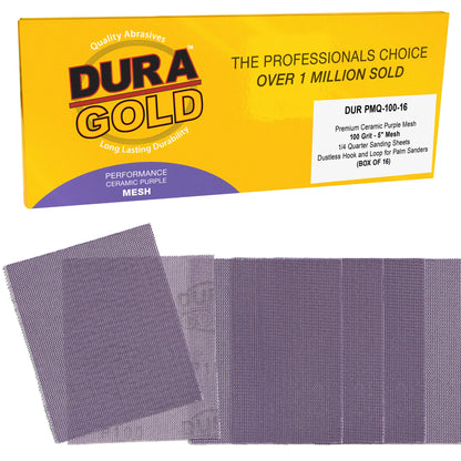 Premium 100 Grit 1/4 Sheet Size Purple Ceramic Mesh Sandpaper, Box of 16 - 4.5" x 5.5" Dustless Hook & Loop Backing, Palm Sanders, Sanding Blocks - Long-Lasting Fast Cut