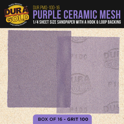 Premium 100 Grit 1/4 Sheet Size Purple Ceramic Mesh Sandpaper, Box of 16 - 4.5" x 5.5" Dustless Hook & Loop Backing, Palm Sanders, Sanding Blocks - Long-Lasting Fast Cut