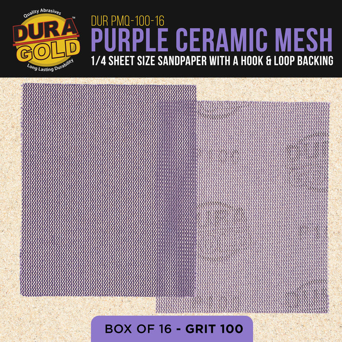 Premium 100 Grit 1/4 Sheet Size Purple Ceramic Mesh Sandpaper, Box of 16 - 4.5" x 5.5" Dustless Hook & Loop Backing, Palm Sanders, Sanding Blocks - Long-Lasting Fast Cut - Woodworking, Auto