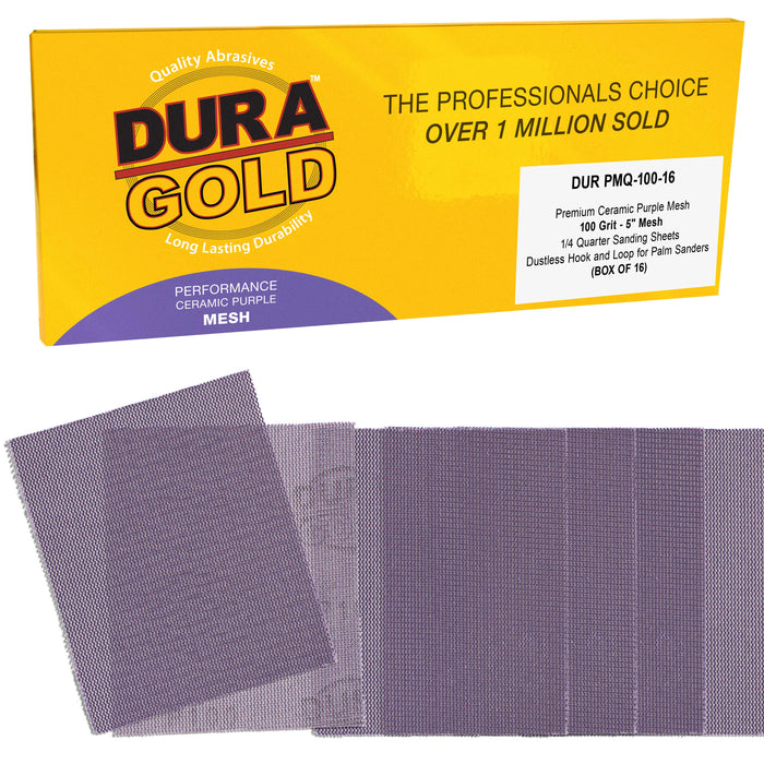 Premium 100 Grit 1/4 Sheet Size Purple Ceramic Mesh Sandpaper, Box of 16 - 4.5" x 5.5" Dustless Hook & Loop Backing, Palm Sanders, Sanding Blocks - Long-Lasting Fast Cut - Woodworking, Auto