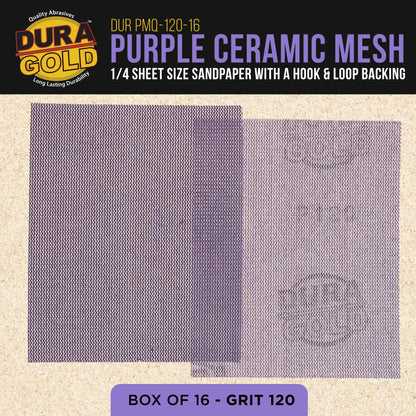 Premium 120 Grit 1/4 Sheet Size Purple Ceramic Mesh Sandpaper, Box of 16 - 4.5" x 5.5" Dustless Hook & Loop Backing, Palm Sanders, Sanding Blocks - Long-Lasting Fast Cut