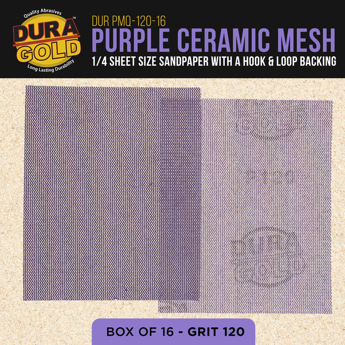 Premium 120 Grit 1/4 Sheet Size Purple Ceramic Mesh Sandpaper, Box of 16 - 4.5" x 5.5" Dustless Hook & Loop Backing, Palm Sanders, Sanding Blocks - Long-Lasting Fast Cut - Woodworking, Auto