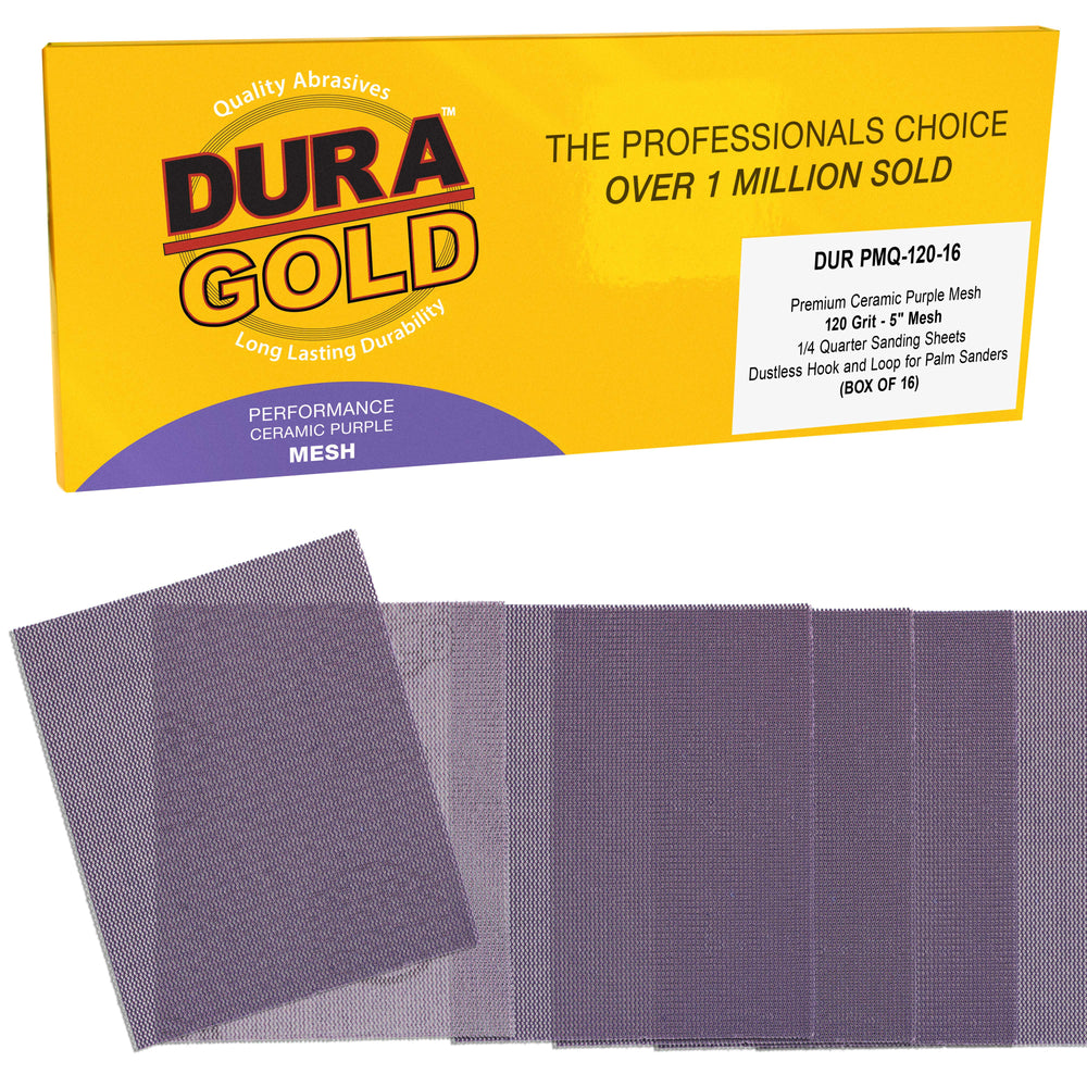 Premium 120 Grit 1/4 Sheet Size Purple Ceramic Mesh Sandpaper, Box of 16 - 4.5" x 5.5" Dustless Hook & Loop Backing, Palm Sanders, Sanding Blocks - Long-Lasting Fast Cut - Woodworking, Auto