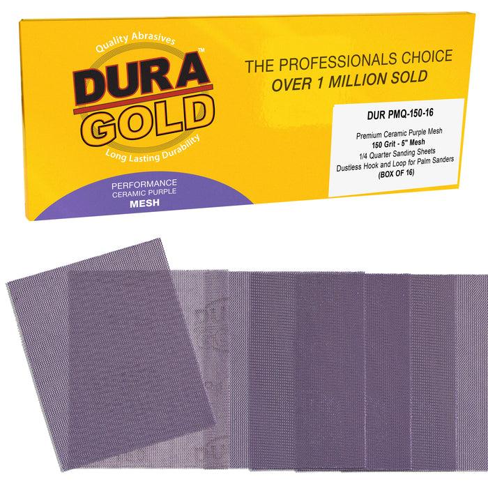 Premium 150 Grit 1/4 Sheet Size Purple Ceramic Mesh Sandpaper, Box of 16 - 4.5" x 5.5" Dustless Hook & Loop Backing, Palm Sanders, Sanding Blocks - Long-Lasting Fast Cut - Woodworking, Auto