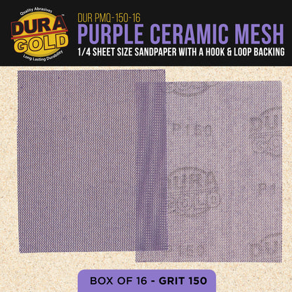 Premium 150 Grit 1/4 Sheet Size Purple Ceramic Mesh Sandpaper, Box of 16 - 4.5" x 5.5" Dustless Hook & Loop Backing, Palm Sanders, Sanding Blocks - Long-Lasting Fast Cut
