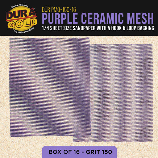 Premium 150 Grit 1/4 Sheet Size Purple Ceramic Mesh Sandpaper, Box of 16 - 4.5" x 5.5" Dustless Hook & Loop Backing, Palm Sanders, Sanding Blocks - Long-Lasting Fast Cut - Woodworking, Auto