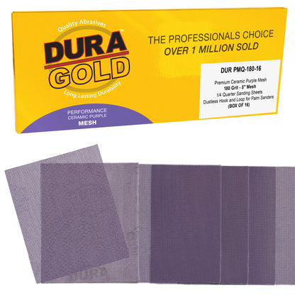 Premium 180 Grit 1/4 Sheet Size Purple Ceramic Mesh Sandpaper, Box of 16 - 4.5" x 5.5" Dustless Hook & Loop Backing, Palm Sanders, Sanding Blocks - Long-Lasting Fast Cut