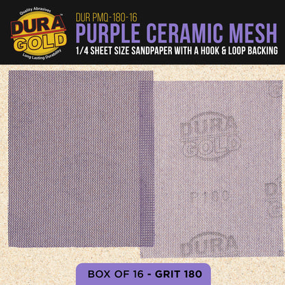 Premium 180 Grit 1/4 Sheet Size Purple Ceramic Mesh Sandpaper, Box of 16 - 4.5" x 5.5" Dustless Hook & Loop Backing, Palm Sanders, Sanding Blocks - Long-Lasting Fast Cut