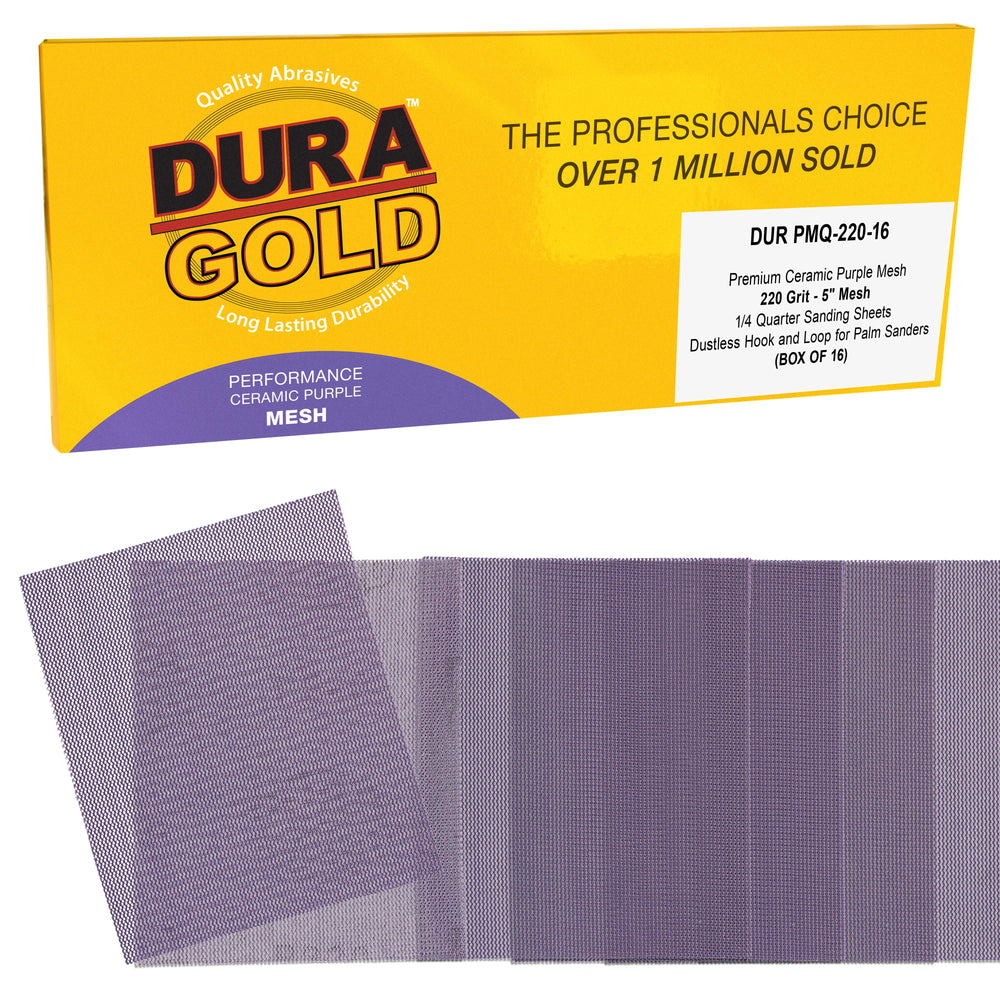 Premium 220 Grit 1/4 Sheet Size Purple Ceramic Mesh Sandpaper, Box of 16 - 4.5" x 5.5" Dustless Hook & Loop Backing, Palm Sanders, Sanding Blocks - Long-Lasting Fast Cut - Woodworking, Auto