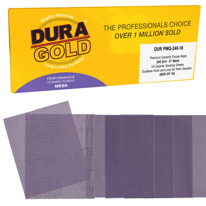 Premium 240 Grit 1/4 Sheet Size Purple Ceramic Mesh Sandpaper, Box of 16 - 4.5" x 5.5" Dustless Hook & Loop Backing, Palm Sanders, Sanding Blocks - Long-Lasting Fast Cut