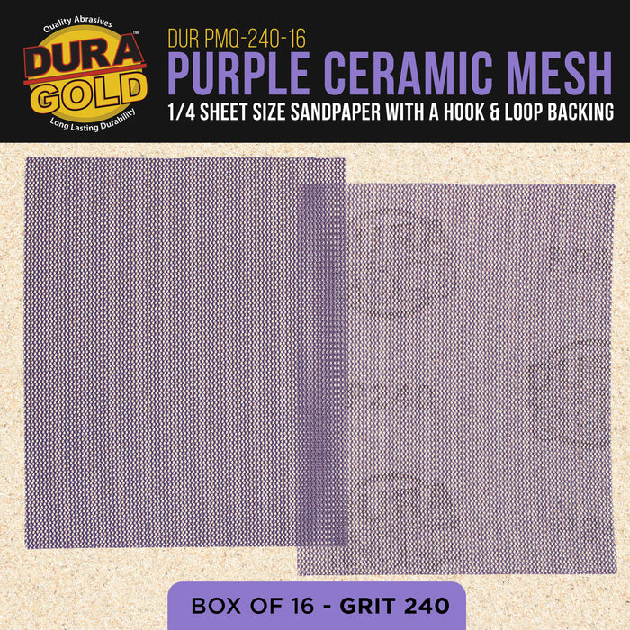 Premium 240 Grit 1/4 Sheet Size Purple Ceramic Mesh Sandpaper, Box of 16 - 4.5" x 5.5" Dustless Hook & Loop Backing, Palm Sanders, Sanding Blocks - Long-Lasting Fast Cut - Woodworking, Auto