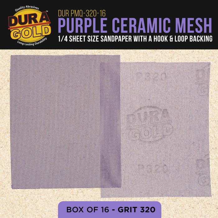 Premium 320 Grit 1/4 Sheet Size Purple Ceramic Mesh Sandpaper, Box of 16 - 4.5" x 5.5" Dustless Hook & Loop Backing, Palm Sanders, Sanding Blocks - Long-Lasting Fast Cut - Woodworking, Auto