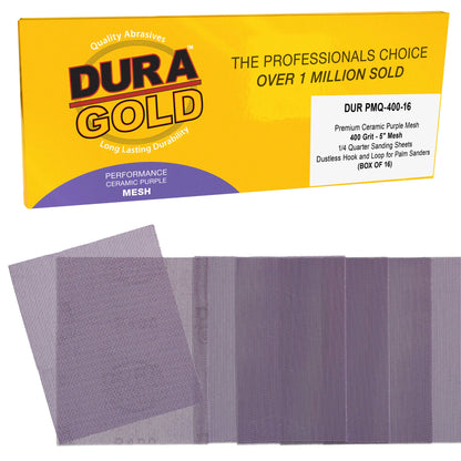 Premium 400 Grit 1/4 Sheet Size Purple Ceramic Mesh Sandpaper, Box of 16 - 4.5" x 5.5" Dustless Hook & Loop Backing, Palm Sanders, Sanding Blocks - Long-Lasting Fast Cut